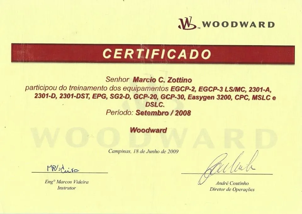 Certificado de treinamento Woodward em nome de Márcio C. Zottino